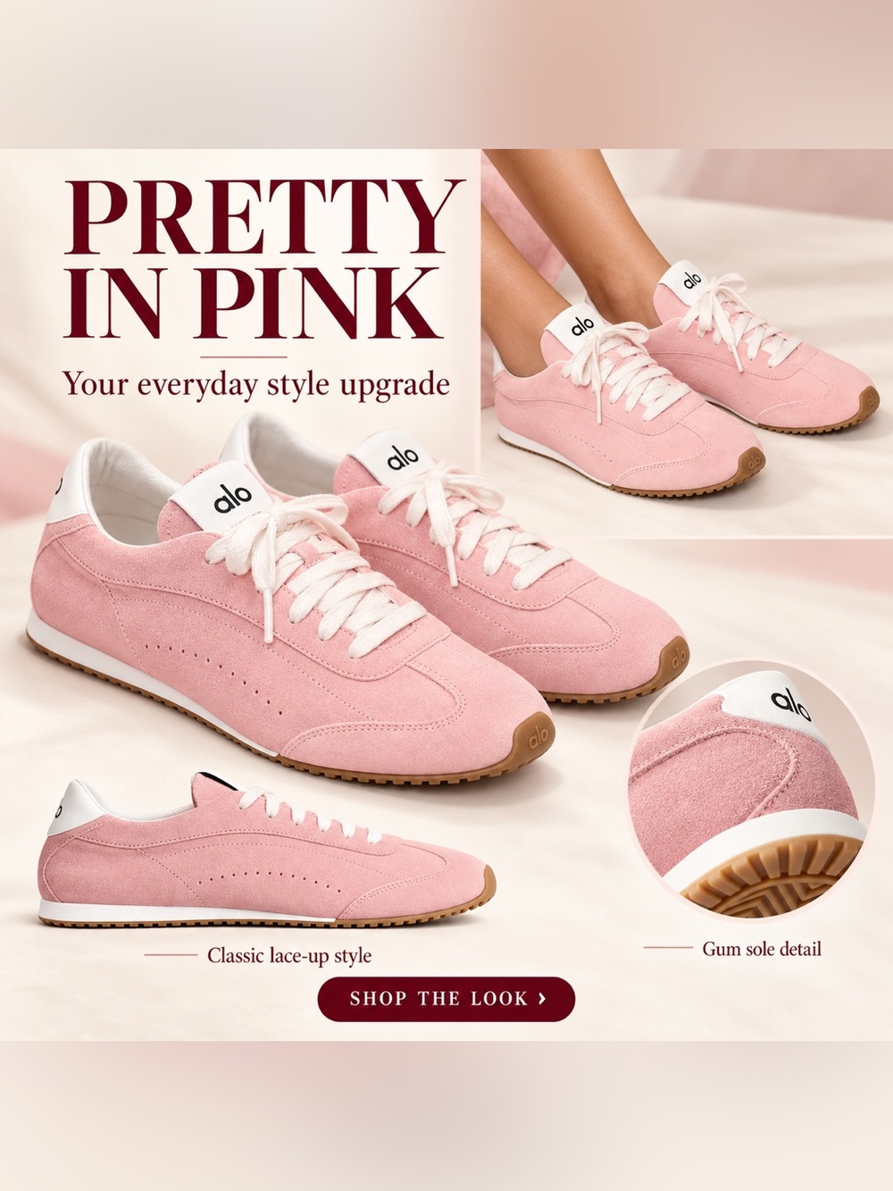 ALO Yoga Pink Suede Lace-Up Sneakers with Gum Sole